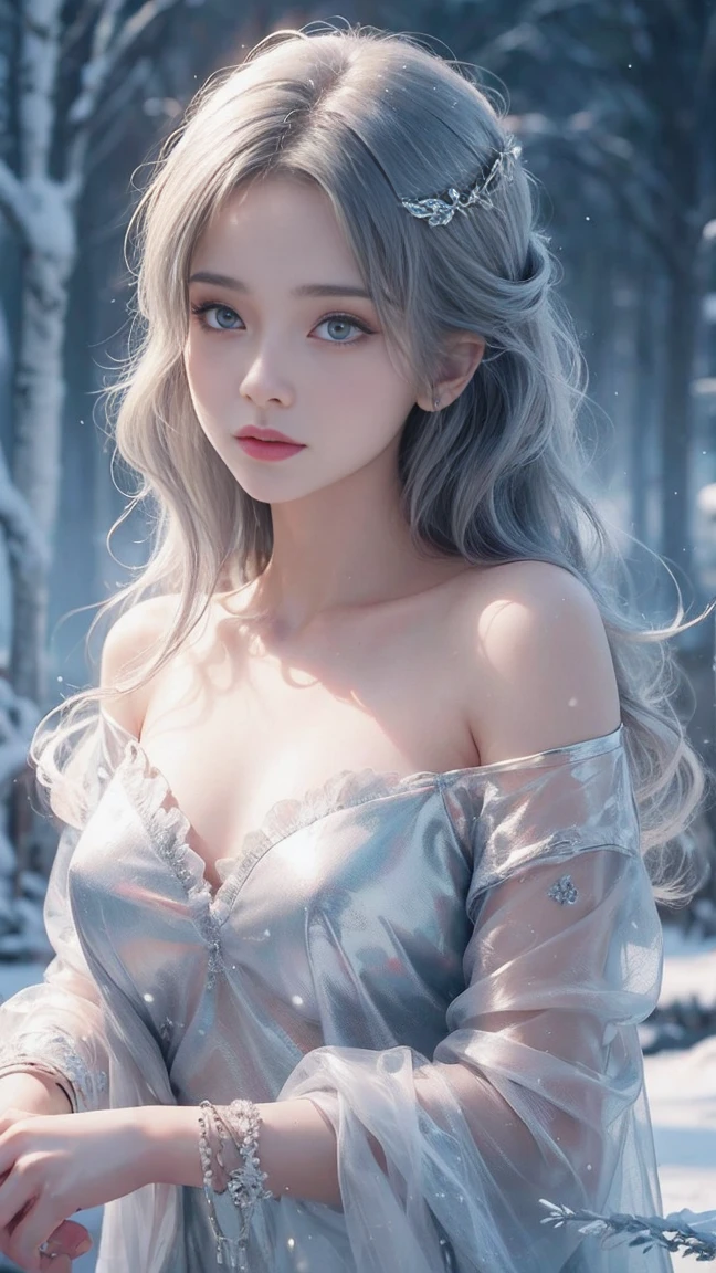detailed anime girl, beautifully detailed eyes, beautifully detailed lips, skin like ice, long flowing hair, glowing eyes, snowflake pattern, winter landscape, japanese legend, frozen lake, bare tree, soft, photorealistic, 8k, hyper detailed, masterpiece, intricate details, vibrant colors, cinematic lighting, dramatic shadows, ethereal, whimsical, magical