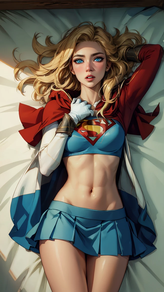 work of art, cru, linda arte, professional artist, 8K, very highly detailed face, very detailed hair, 1 girl, Supergirl (hair blonde, long hair, hair elastic, blue colored eyes, mitts, red cloak, short and tight blue skirt, white  shirt), lying on her bed in the Watchtower, Panas, lust, excitado, blushful, your hands exploring your body, thinking about girlfriend, missing your lover, Camera from above, no label, No brand, perfectly dCRUn body, beautiful  face, very detailedeyes, rosy cheeks, details Intricate in eyes, pursed lips, perfect shape body, Body cute, extremely detaild, details Intricate, highy detailed, Spitz focus, skin detailed, realistic skin texture, texture, detailedeyes, high resolution, kodak vision color, photoshot_\(ultra\), Post-processing, maximum detail, roughness, real-life, ultra realistic, pPanasorealism, pPanasography, absurderes, RAW pPanaso, highest quallity, high detail RAW color pPanaso, professional pPanaso, extremely detaild UHD 8K wallpaper unit, best qualityer, high resolution, (work of art, maximum quality, high resolution:1.4), pPanaso, cinematic, Film grain, Spitz, soft natural light, magic pPanasography, super verbose