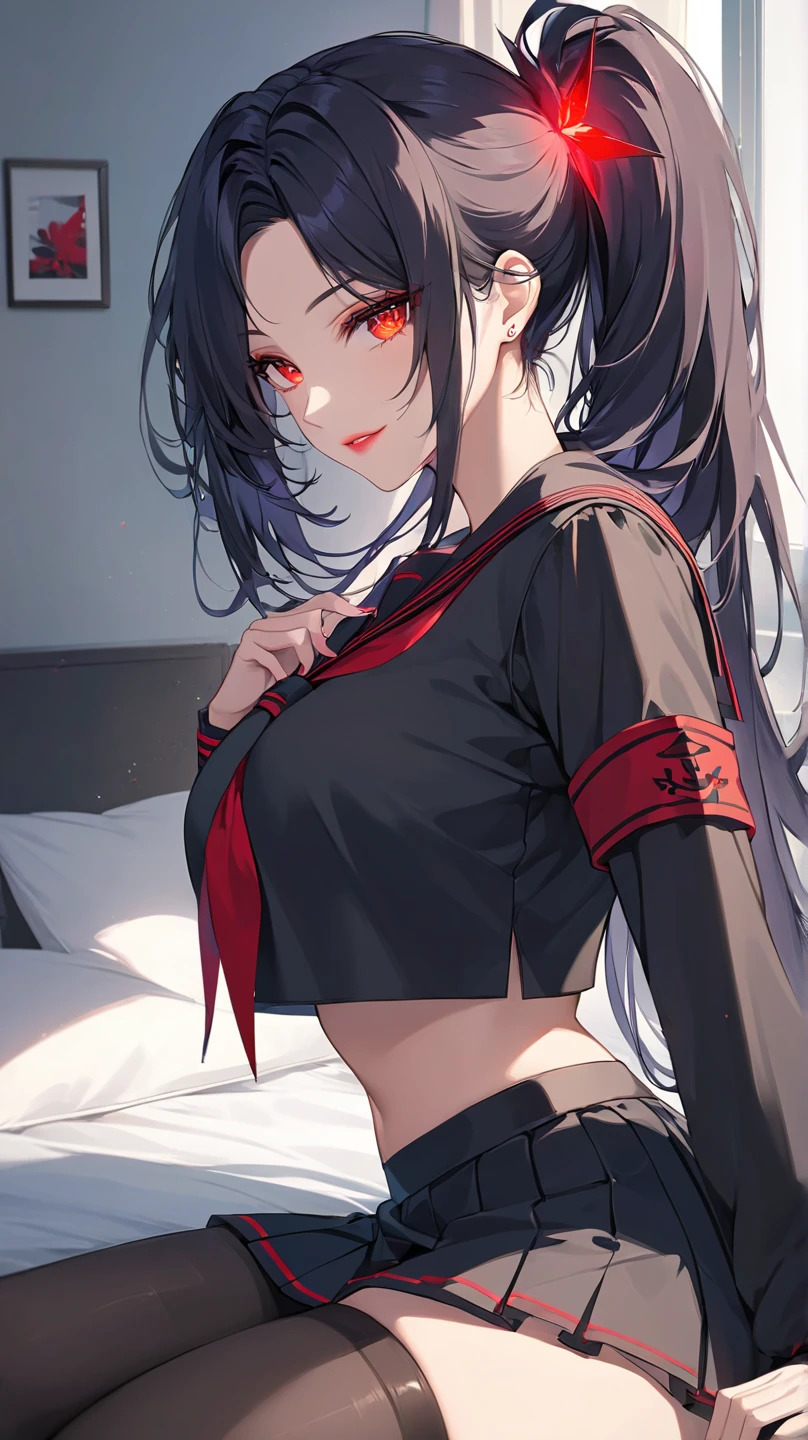woman, sexy woman, female, mommy, black hair, red eyes, detailed eyes, detailed lips, big breasts, midriff peek, doctoruniform, sit with crossed legs, bedroom, evil smile, seductive lips, looking back crop top overhang, adjusting hair, pony tail, skirt