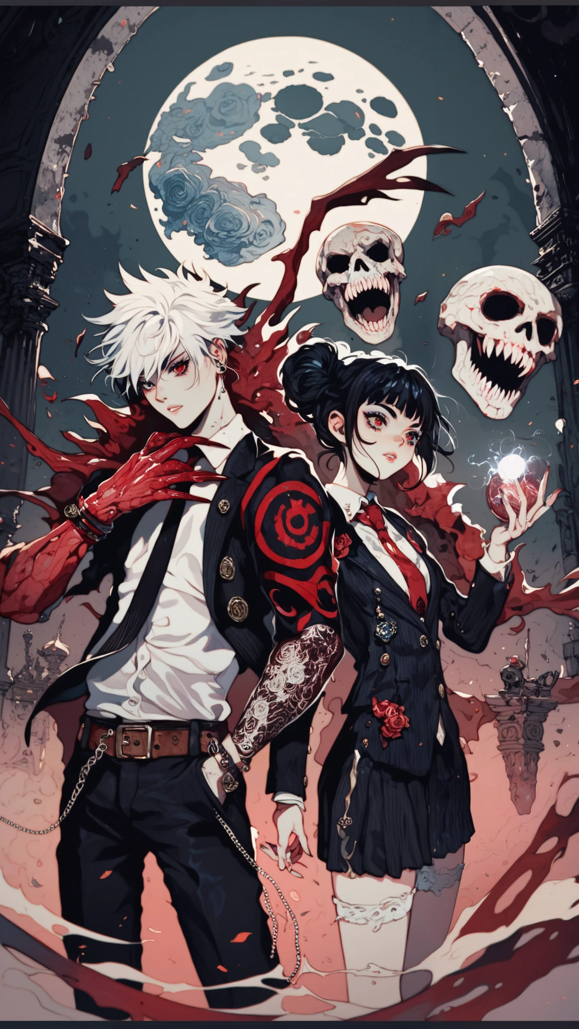 anime style, cool and edgy, thicker outlines, painterly elements, fine details, soft edges, A young man with white spiky hair and red monstrous arms stands beside a woman wearing a suit and conjuring a ghostly skull in a dark, ruined setting, eerie, supernatural, detailed, high contrast, dramatic lighting, tattos, fashionable, posing, expression, stylish, striking, modern, fashion