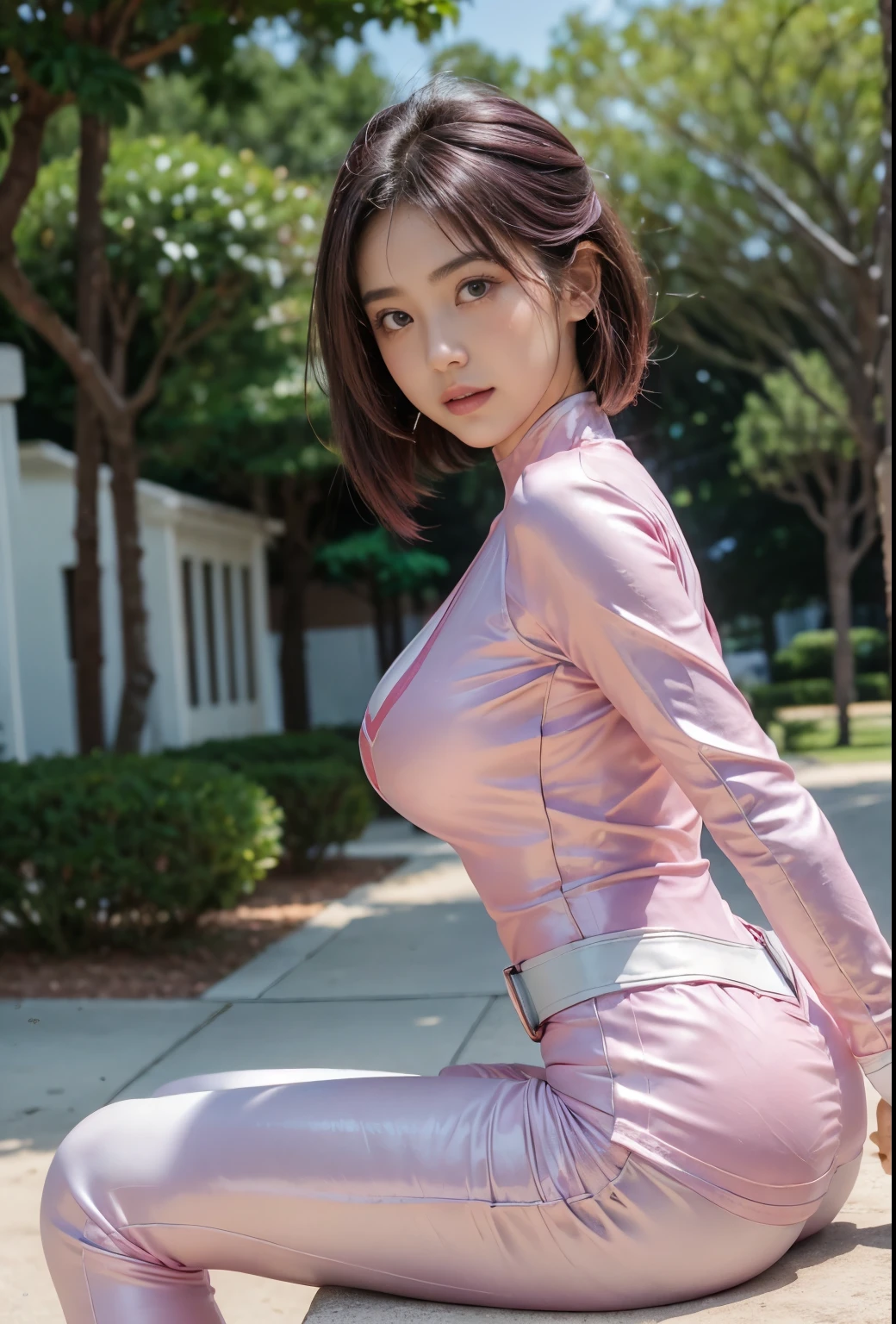 (( Pink Ranger , )),  one girl,  beautiful 20 year old Japanese woman,  angelic,  cute face,
 beautiful details, 
( big eyes:1.3), has long eyelashes,
 See-through Bang ,
( beautiful and delicate face and eyes:1.4), 
 beautiful short dark hair ,  beautiful smile,
( top quality:1.2),
 RAW photo, 
 high definition , 
 Perfect Details , 
 professional photo shoot with elbows on the table, 
  professional lighting  , ( Metallic Coral Magenta and White Hero Suit:1.3),  super tight fitting bodysuit , belt, Big Breasts,  beautiful legs with tails,  strong lighting in the bodysuit ,In the park,   sexy appearance :1.2, Half-body portrait