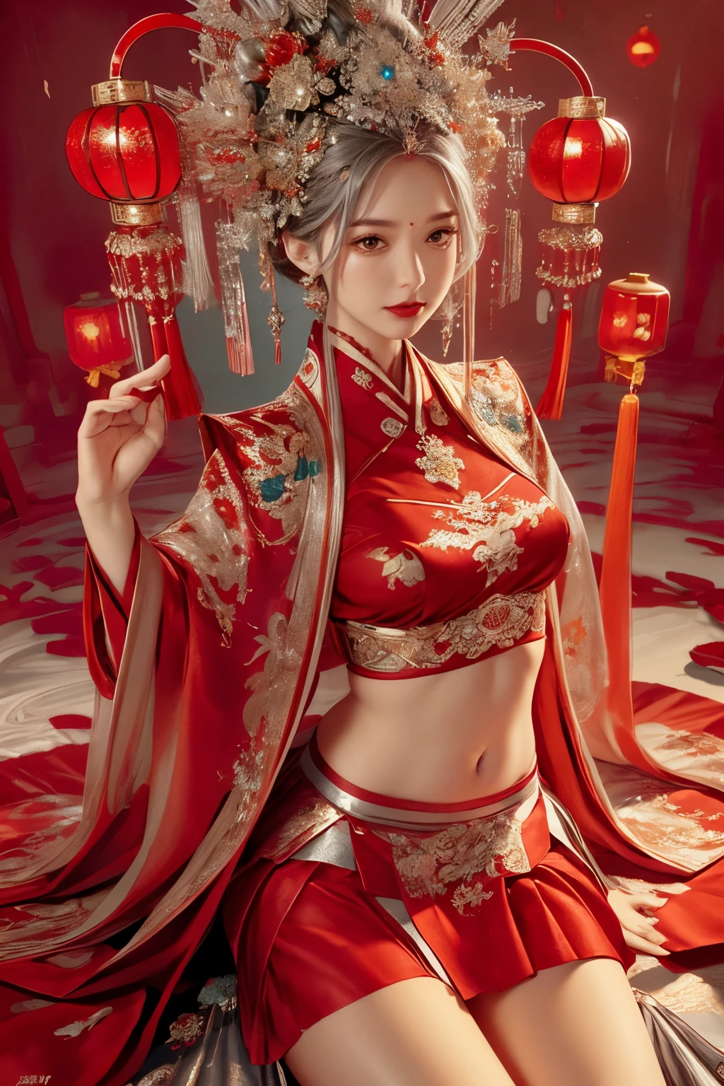 Realistic,  high resolution, Soft Light,woman,  unique , ( detailed facial under panties), Silver Hair, Ru_group, (((Red Skirt:1.4))) , GOLDEN SNAKE ENTANGLEMENT，whole body,  Lunar New Year ，Year of the Snake， snowy mountains，