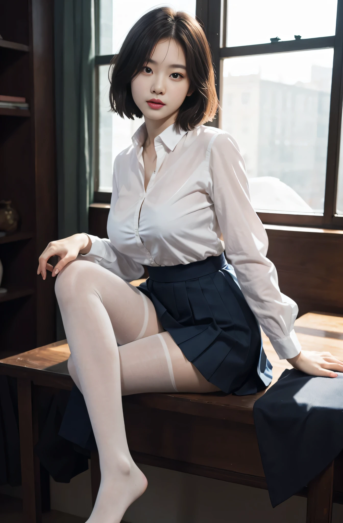 (best quality,8K,超detailedな:1.2),(shot from a distance,full body photo,from below,Japanese female teacher,stand at the podium in the classroom,Classes are continuing,pretty rude photo shoot,Behind the blackboard wearing black pantyhose and high heels,A close-up of the leg rest is small.),realistic skin,slim body shape, wearing a black suit, white shirt and gray tight skirt, reveals hints of cleavage, mature woman,35 years old, with short black hair, my cheeks are red, lipstick, I have a mole on the corner of my left eye,(master piece),(hyper hd:1.0),(detailed, That's excellent, exquisite),(high school classroom),(8K, best quality)、Panty shot、((Open your legs to show your panties:1.5))、((Sitting on a chair and opening legs:1.5))、mini skirt