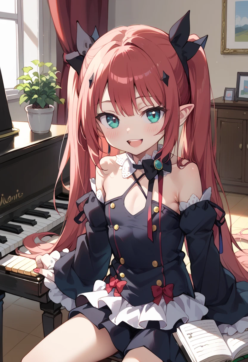 (( top quality)), ((masterpiece)), (be familiar with),  perfect face, indoor, bedroom, looking at the viewer,
One woman, Krull Tepesi ,
 open mouth,  ecstatic expression beside the piano, blush, smile,
 small ,  flat chested, Young girl, Lori,  ,  girl,
 long hair,  twin tails,
Leg spread,