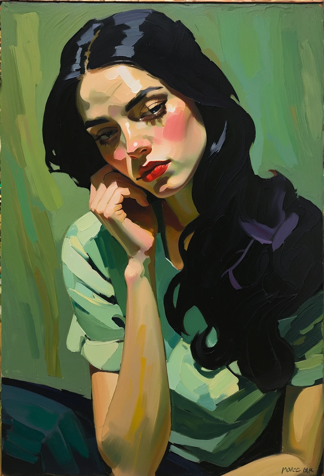 Create a portrait of a young woman in a semi-reclining pose with a pensive expression. Use a painterly style inspired by Malcolm Liepke, characterized by expressive brushstrokes and rich texture. Employ a color palette of muted greens, soft pinks, deep purples, and subtle flesh tones to evoke a sense of depth and emotion. The background should consist of abstract, textured layers in complementary colors, blending seamlessly with the figure. Pay attention to the contrast between the smooth, detailed rendering of the face and the rough, textured application of paint in the surrounding areas. Capture the delicate balance of vulnerability and strength in the subject's gaze and posture