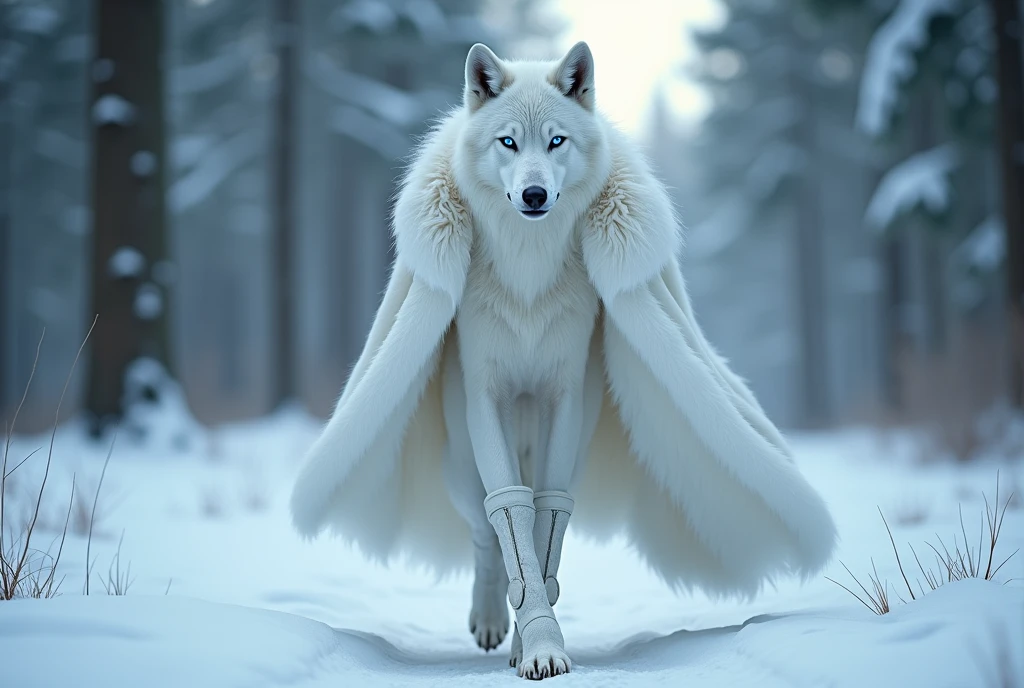  ((Masterpiece, Top Quality, High Resolution, Photorealistic, Extremely detailed CG unified 8k wallpaper)), (huge stunning goddess shot, very hot and sexy, jaw-dropping beauty, perfect proportions, beautiful body, slim body beauty:1.4), Female wolf with pack of werewolves, queen of wolf clan, platinum hair, pearl skin, ice-blue glowing eyes, white wolf ears, (walking with fur coat, white coat, white lace sheer dress, high neck, high heels), in snowy forest, hunting time,