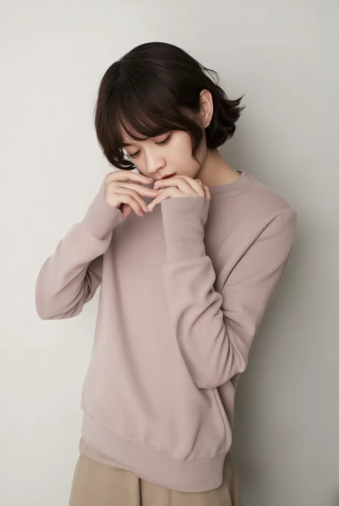 パステルカラーのオフショルダーパジャマWearing、Pose alone, is a material that makes you feel warm just by touching it softly and gently,  firm  ,  is making a big heart with both hands ,  Wearing、Physical-based rendering of , View above the collarbone、  has a monotone background , olivia cooke