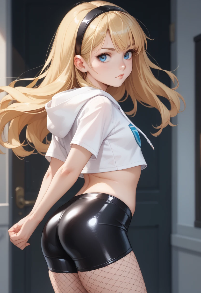 solo girl, all alone, perfect round butt, cute adult girl, arms behind the back, cute face, innocent face, confused face, tight fit latex bike shorts, fishnets, thick leather boots, short crop top hoodie, deflux, blonde hair, blue eyes, long hair, black hairband