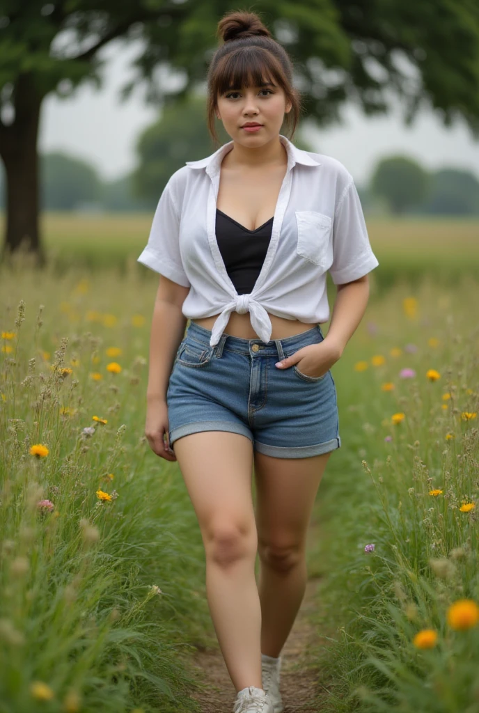 A beautiful indonesian woman, a bit chubby, tied short hair with bang, wearing unbuttones tied white shirt (black inner) and high waist short jeans. canvas shoes, walking at the meadow with colorful mini flowers under the big tree. look at the viewer,