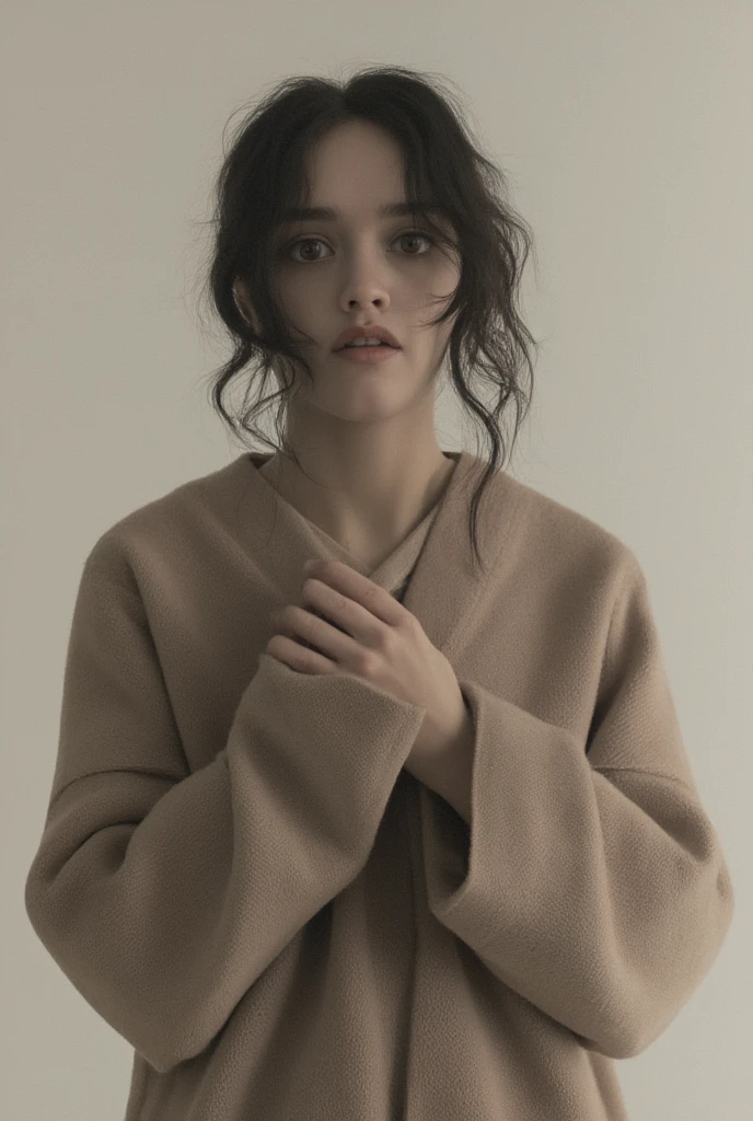 パステルカラーのオフショルダーパジャマWearing、Pose alone, is a material that makes you feel warm just by touching it softly and gently,  firm  ,  is making a big heart with both hands ,  Wearing、Physical-based rendering of , View above the collarbone、  has a monotone background , olivia cooke