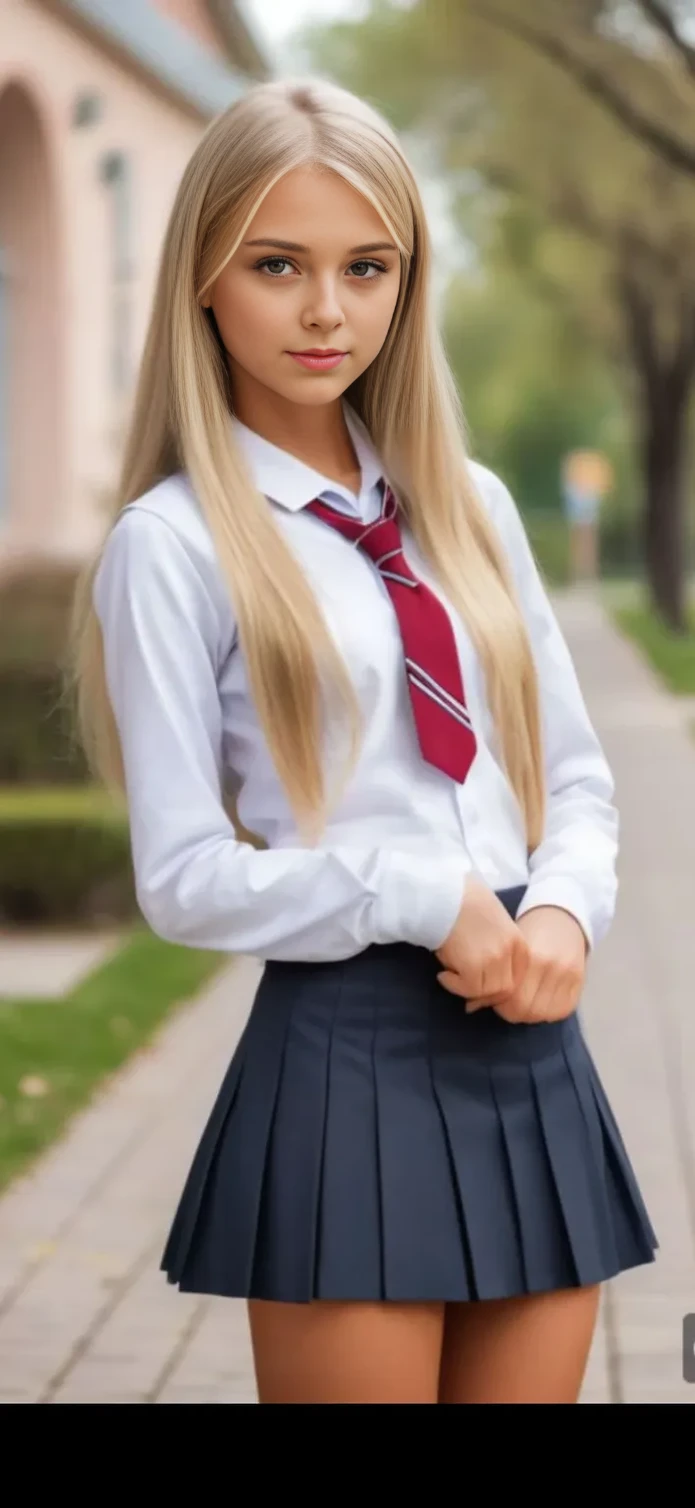 French Beauty Girl、Blonde Hair、With bangs、Pigtails、Blue eyes、smile、Slim body、Red tie、White Shirt、Plaid pleated skirt、In the classroom、school's