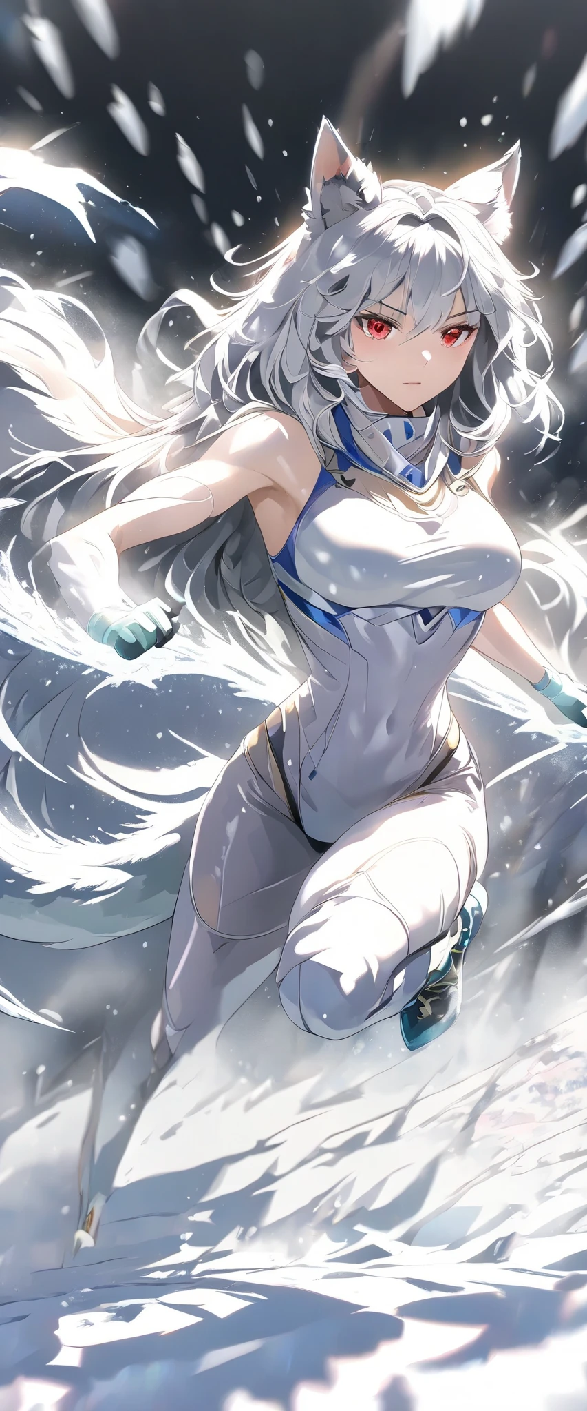 Wolf Girl, f wolf ears ,big wolf tail,running at full speed,Snowfield,Snowstorm, red eyes, No Emotion,looking at viewer, body suit, stiletto boots, emale, young adult, full body shot, dynamic angle, black background, break , masterpiece, accurate, anatomically correct, textured skin, super detail, award winning, 8k