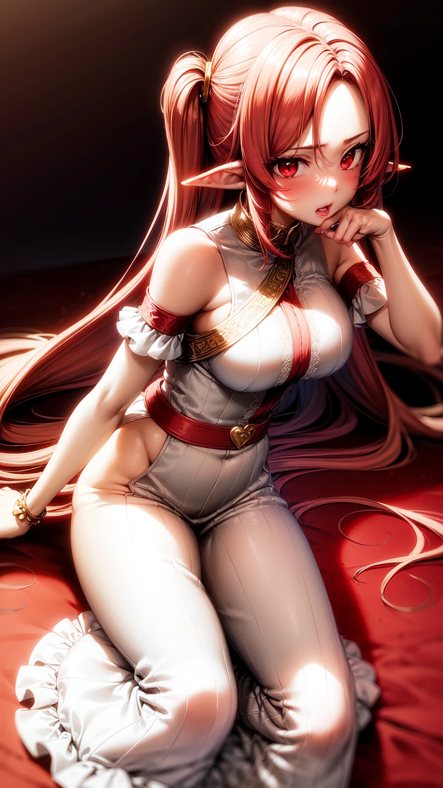 Curly and red hair、hime-cut、Girl with golden eyes、View of the crotch from below、flat chest、Thin pubic hair、Beautiful open legs、Black military uniform