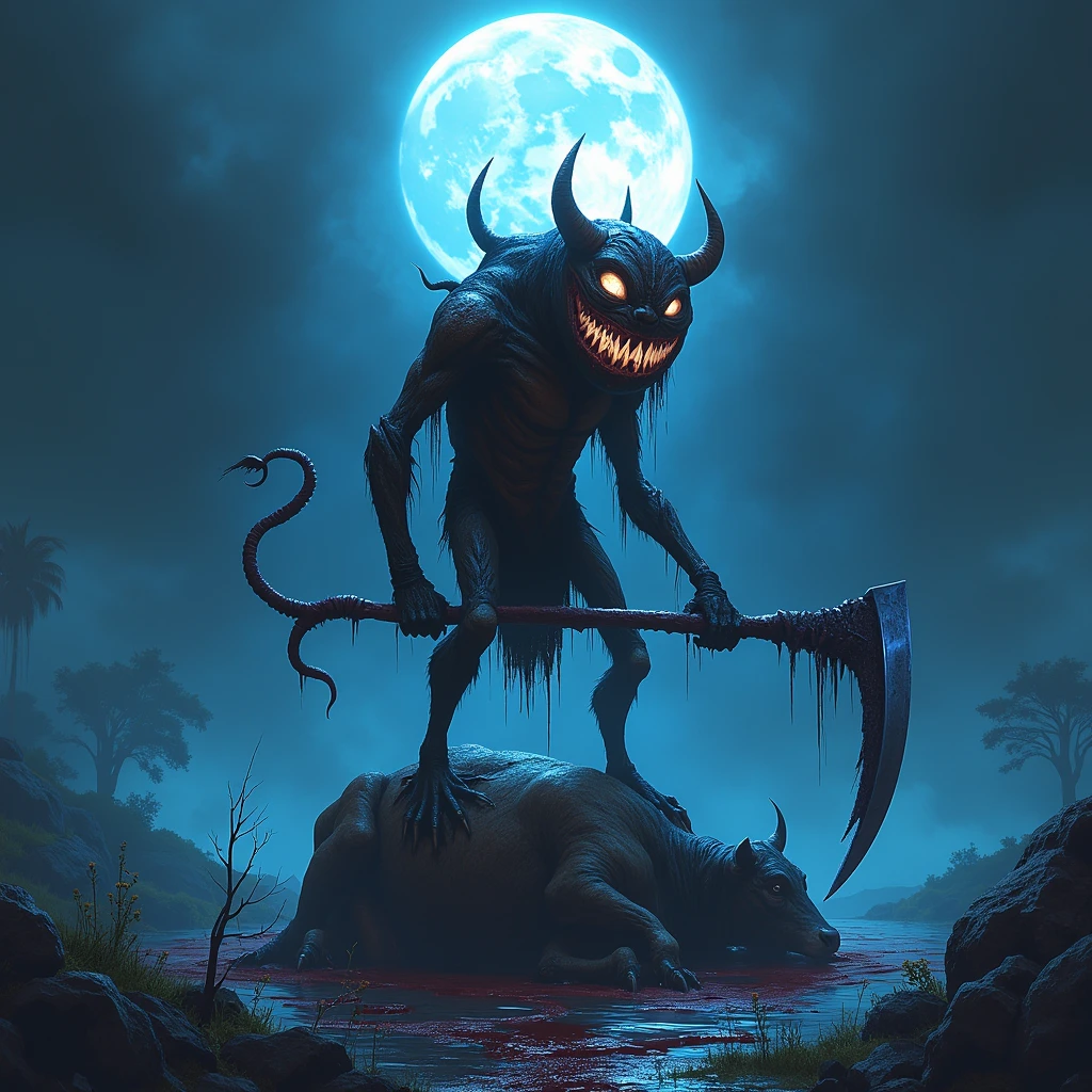 SuchGrotesque, jack o pumpkin standing on top of cow carcass, scyte. full moon, blue glowing blood everywhere