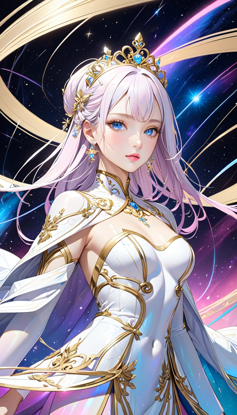 (masterpiece,  top quality, beautifully refined :1.2, 8k,  high image quality), The most beautiful form of a goddess, Open the top slightly,  Beautiful Slender Blue Eyes ,  small pink lips , Brilliant Beautiful Face ,  Anatomically Beautiful Body ,  accurate drawing of hands , small platinum tiara,  earrings, Jewelry,  shiny skin,  high definition , (White coat gold lines:1.2), Milky Way, nebula, Celestial Bodies,  shooting stars, Streaks of light,  bright color,  pastel colors,  backgrounds, 