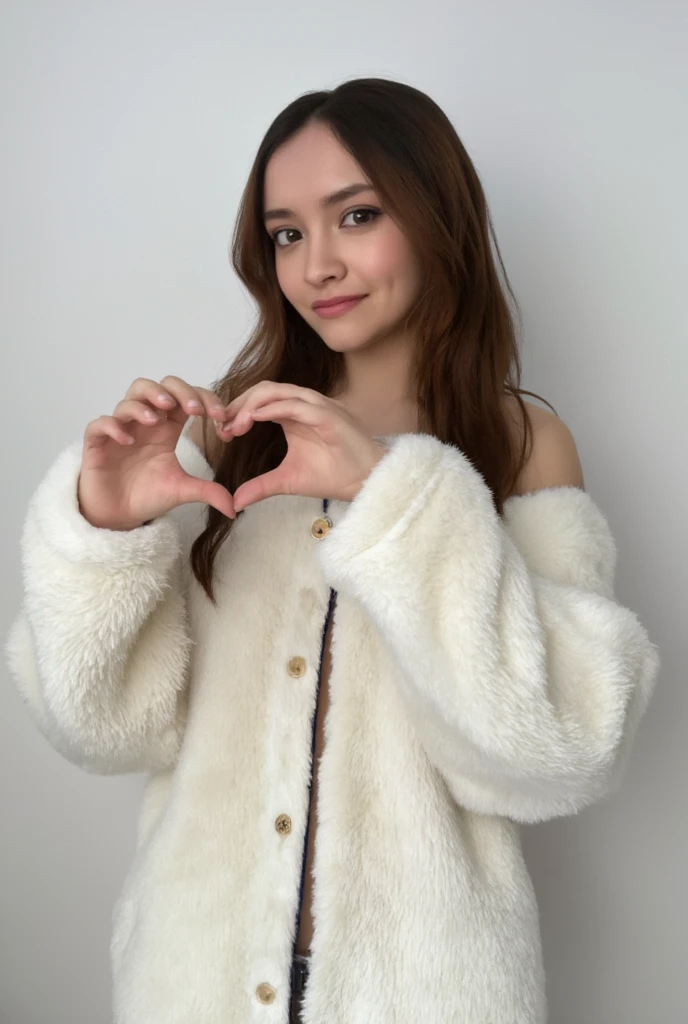  only one woman with a cute smile is cute,  fluffy off-shoulder pajamas,  make a big heart with both hands , Hold it in front of your chest , View above the collarbone、  has a monotone background  , olivia cooke

