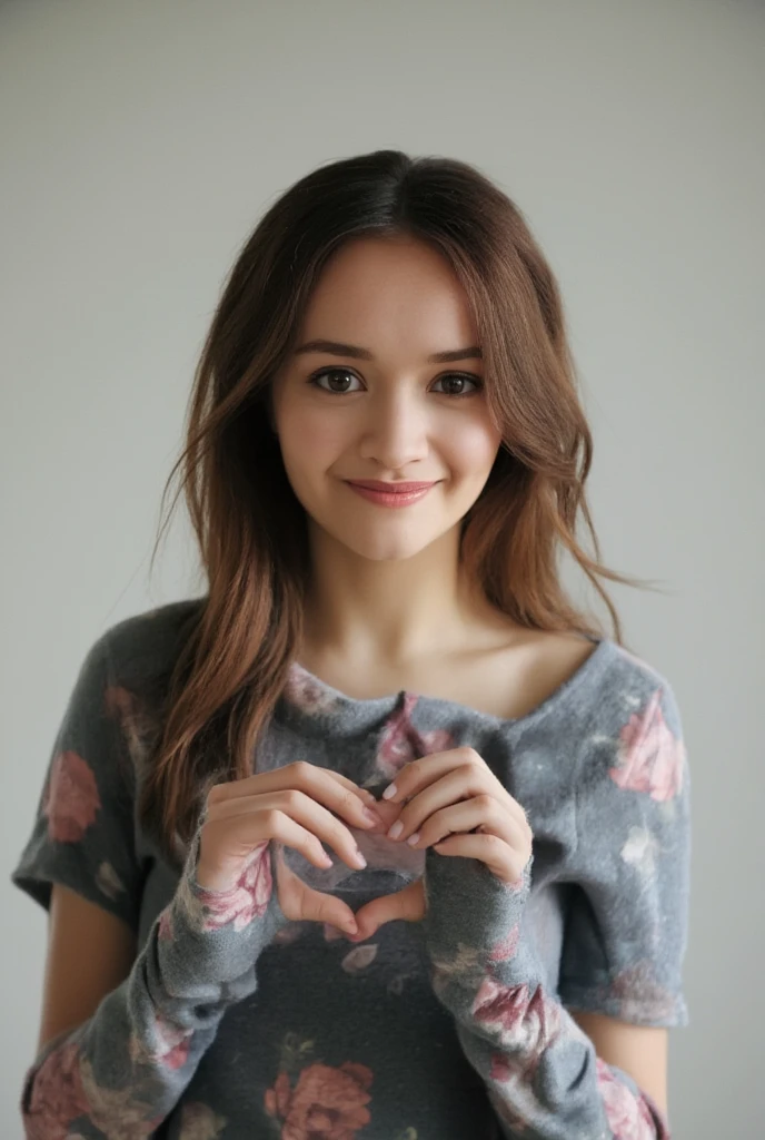  only one woman with a cute smile is cute,  fluffy off-shoulder pajamas,  make a big heart with both hands , Hold it in front of your chest , View above the collarbone、  has a monotone background  , olivia cooke

