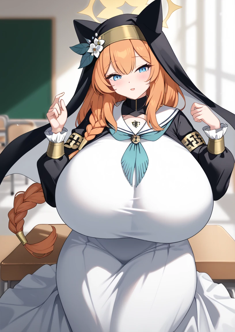 1 girl, ((gigantic breast)), breast expansion, wide hips, Thick thighs, Curved, cowboy shot, mari iochi, long hair, blue eyes, animal ears, orange hair, halo, yellow halo, braid, single braid, animal ear headwear, armband, blue neckerchief, bow, collarbone, flower, frilled sleeves, frills, habit, hair flower, hair ornament, long skirt, long sleeves, neckerchief, nun, puffy long sleeves, puffy sleeves, sailor collar, skirt, turtleneck, veil, white flower, white sailor collar, yellow bow, classroom 