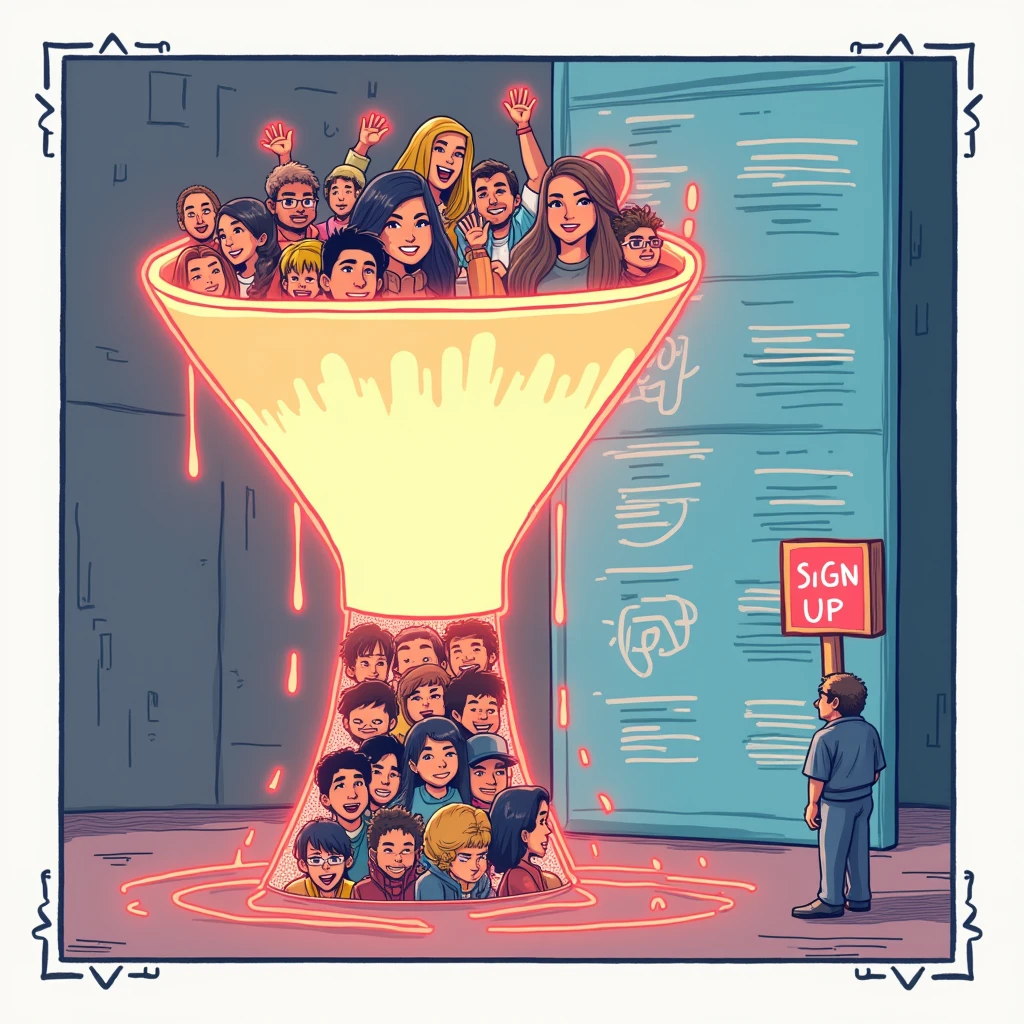 Comic panel of a glowing funnel labeled "Sign-Up Process" capturing avatars into a list.