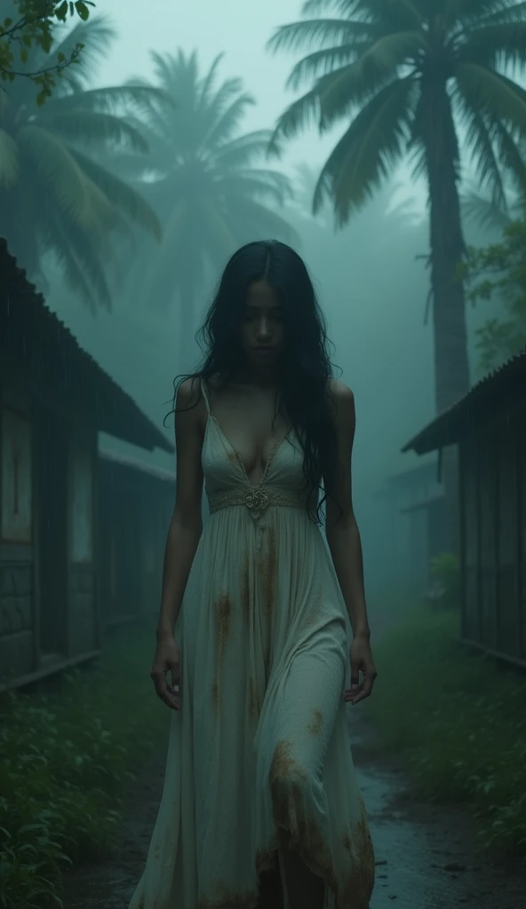 Stunning woman, woman coming out of a river with red waters, forest, white dress, the water is boiling, steamy, large breasts, wet body, wet hair, , Vanessa Decker. sexy. hottie