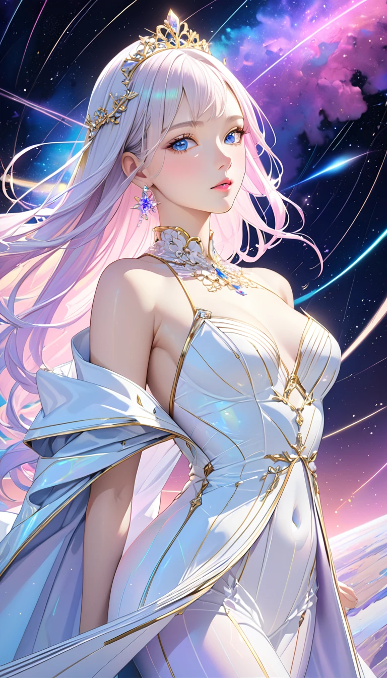 (masterpiece,  top quality, beautifully refined :1.2, 8k,  high image quality), The most beautiful form of a goddess, Open the top slightly,  Beautiful Slender Blue Eyes ,  small pink lips , Brilliant Beautiful Face ,  Anatomically Beautiful Body ,  accurate drawing of hands , small platinum tiara,  earrings, Jewelry,  shiny skin,  high definition , (White coat gold lines:1.2), Milky Way, nebula, Celestial Bodies,  shooting stars, Streaks of light,  bright color,  pastel colors,  backgrounds, 