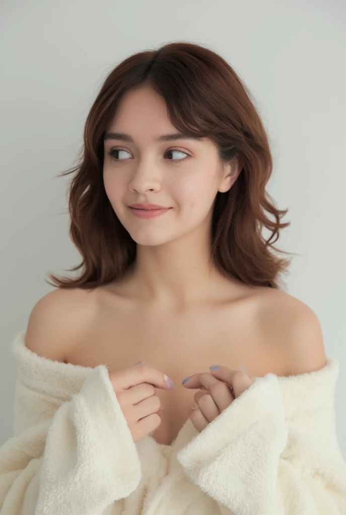  only one woman with a cute smile is cute,  fluffy off-shoulder pajamas,  make a big heart with both hands , Hold it in front of your chest , View above the collarbone、  has a monotone background,olivia cooke

