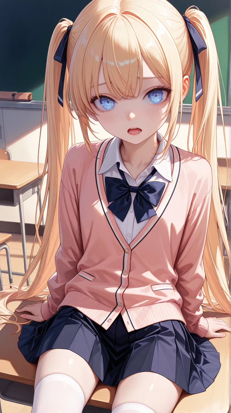 nsfw,（ Masterpiece ,  top quality, 8k, very aesthetic, Realistic detailed CG ,  sharp concentration,  Ultra High Definition, super detailed skin, detailed beautiful face and eyes),  1 woman, (school uniform, Cardigan, cozy and casual with pastel colors, pleated skirt, and knee-high socks, see-through, hair ribbon), ( textured skin ,  beautiful skin,  perfect body, **li body, small, skinny,  realistic skin, flat chest), (blue eye, 輝く瞳, Princess Eye, *********:1.2), (Beautiful blonde,  detailed hair, very long hair, twintails), (embarrassed, open mouth,  viewers showing their mouths), Captivating thighs, Skin with attention to detail, (School, classroom, At night), (shiny skin:1.3, Shy body:1.3), 