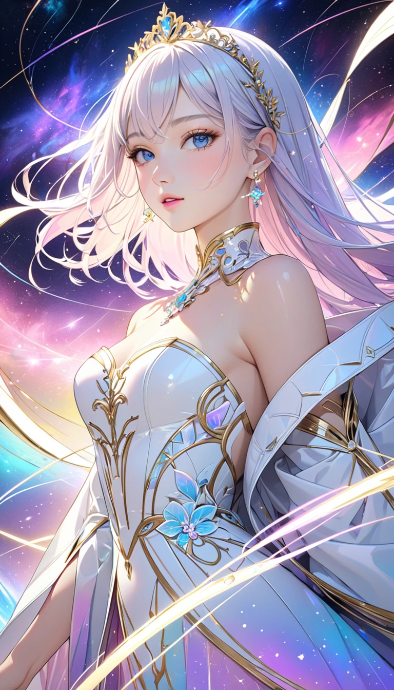 (masterpiece,  top quality, beautifully refined :1.2, 8k,  high image quality), The most beautiful form of a goddess, Open the top slightly,  Beautiful Slender Blue Eyes ,  small pink lips , Brilliant Beautiful Face ,  Anatomically Beautiful Body ,  accurate drawing of hands , small platinum tiara,  earrings, Jewelry,  shiny skin,  high definition , (White coat gold lines:1.2), Milky Way, nebula, Celestial Bodies,  shooting stars, Streaks of light,  bright color,  pastel colors,  backgrounds, 