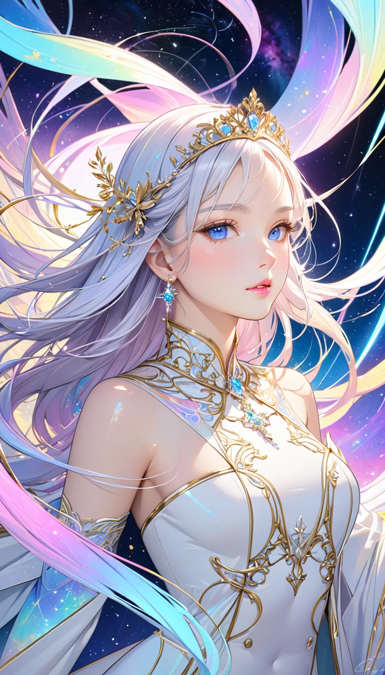 (masterpiece,  top quality, beautifully refined :1.2, 8k,  high image quality), The most beautiful form of a goddess, Open the top slightly,  Beautiful Slender Blue Eyes ,  small pink lips , Brilliant Beautiful Face ,  Anatomically Beautiful Body ,  accurate drawing of hands , small platinum tiara,  earrings, Jewelry,  shiny skin,  high definition , (White coat gold lines:1.2), Milky Way, nebula, Celestial Bodies,  shooting stars, Streaks of light,  bright color,  pastel colors,  backgrounds, 