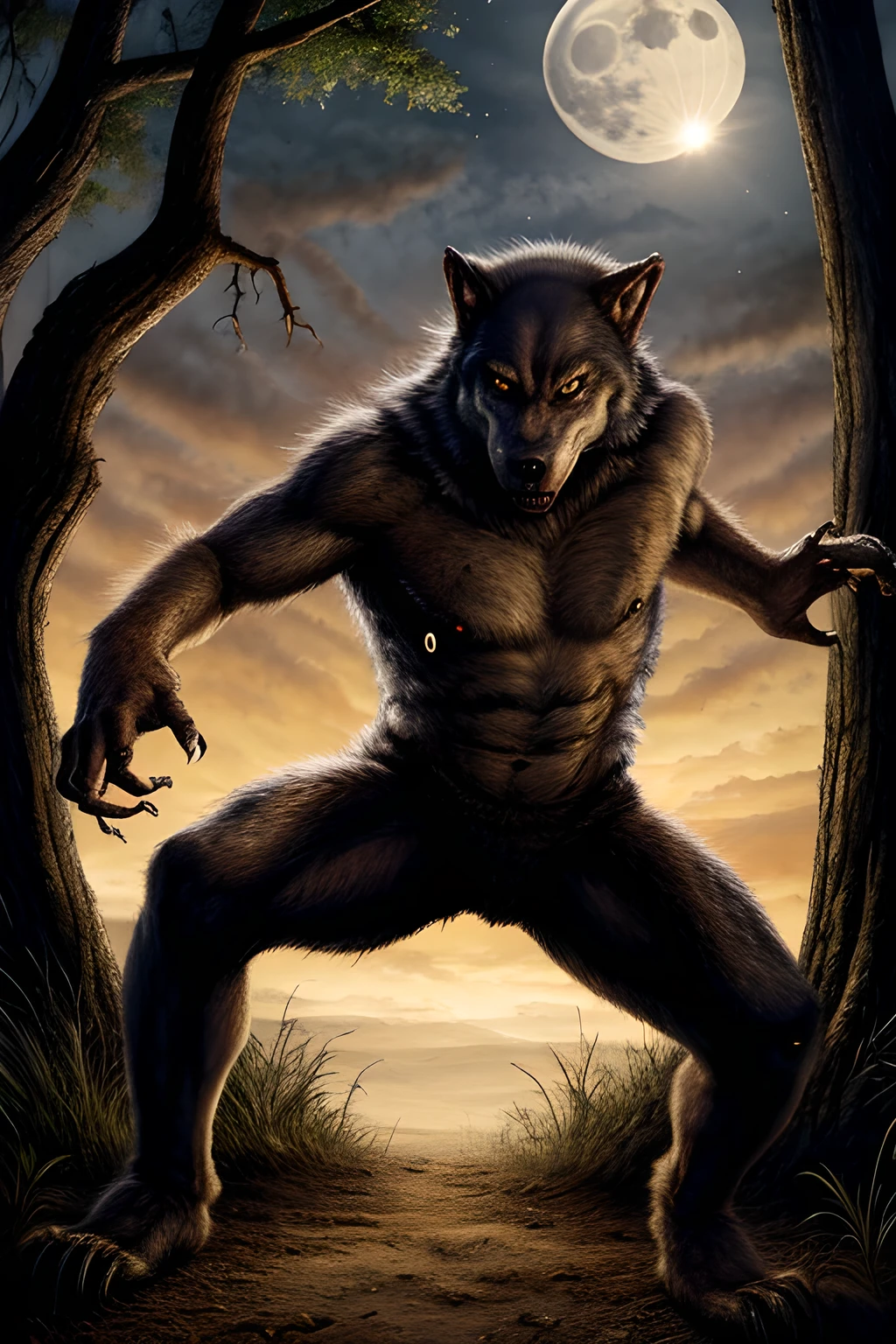 Tall and muscular furry wolf, In white thong, , sexual, belly white, bulge in the perineum. leans on his knee, ready to run, red eyes, evil grin. In the woods. ultra realistic style. leans on his knee
