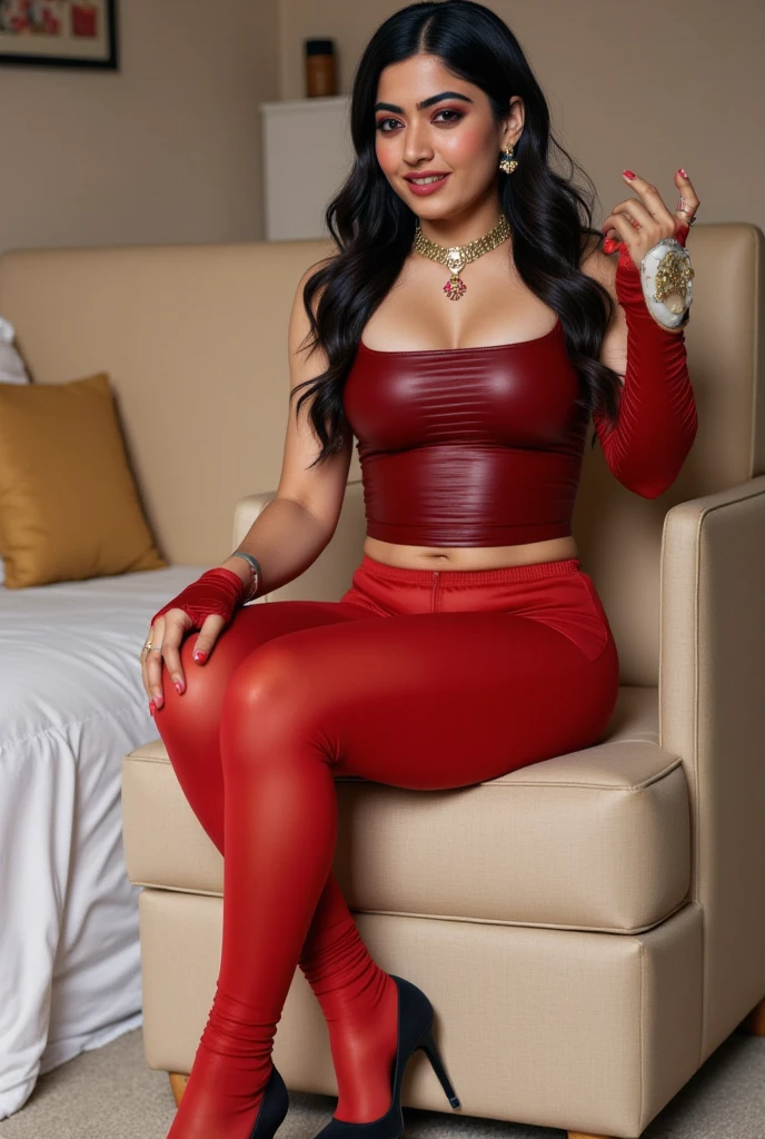 hot indian curvy woman erotically posing as a harley quinn taking her boobs out with round and pointy nipples. waring high heels and red stocking, with smoky eyes and red lipsticks.