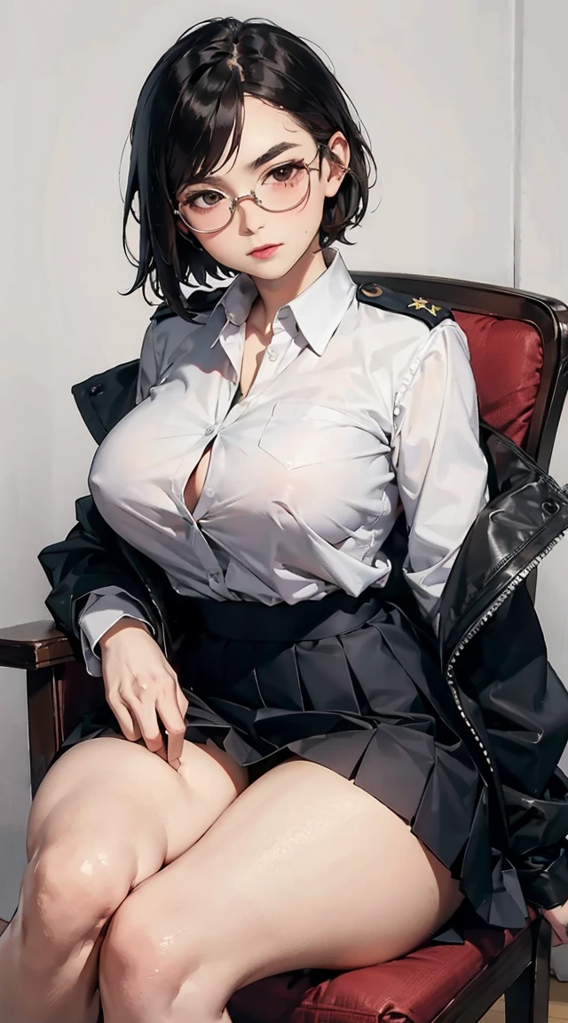 1female，35yo，plum，very big boobs， 独奏，（Background with：A desert，aerodrome，Planes） She has very short black hair，bobo head，Stand on the plane，，seen from the front， curlies， The sky is mostly cloudy，（（（tmasterpiece），（Very detailed CG unified 8k wallpaper），Best quality，电影灯光，detailed back ground，美丽细致的眼睛，Bright pupils，黑The eye，Snow-white skin，Redlip（Very delicate and beautiful），（Beautiful and detailed eyes description），ultra - detailed，tmasterpiece，）），facing at the camera，A high resolution，ultra - detailed），Expose breasts exposed，Bare genitals，  convex，legs are open，Raised sexy，Camel toes，Flushed face，longing unsatisfied，street frontage，us airforce，Aviator，military hat（dressed in：blazer jacket，gold silk embroidery，tailcoat，neck bowtie，black pantyhoses，Naked of breast）