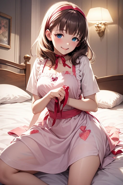 A beautiful lolita girl sitting on the bed with her legs open, anime girl, in the room, home interior, pastel pink lolita dress, short sleeves, a pair of short socks, choker with a bow, short white gloves, lolita shoes fashion, pink panties, dark brown hair, long wavy hair, two pigtails, swept bangs, hair ribbon, aqua eyes, bright eyes and pupils, pink lips, glossy lips, blush, earrings, big round breasts, thin waist, perfect arms, defined thighs, thin legs, raised knees, legs open, looking at the viewer, flirty smile, shows her panties, I can see your panties, upskirt, masterpiece, high definition, natural light, high detail, anime, dithering, image fill, perspective, Wide-Angle, f/1.8, 85mm, Sony FE GM, 8k, 8k wallpaper, super detail, highly detailed CG, UHD, retina, masterpiece, accurate, anatomically correct, textured skin, highres, best quality:1.3, 16k
