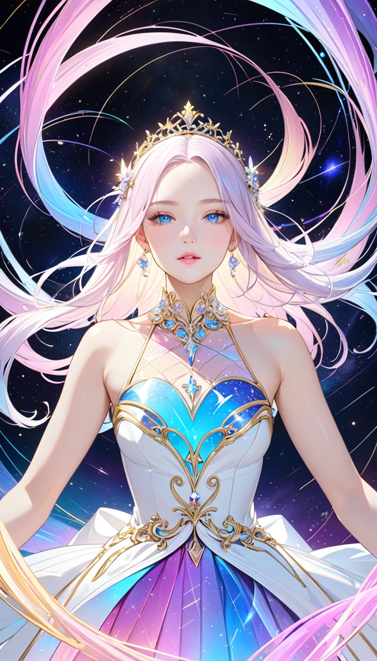 (masterpiece,  top quality, beautifully refined :1.2, 8k,  high image quality), The most beautiful form of a goddess, Open the top slightly,  Beautiful Slender Blue Eyes ,  small pink lips , Brilliant Beautiful Face ,  Anatomically Beautiful Body ,  accurate drawing of hands , small platinum tiara,  earrings, Jewelry,  shiny skin,  high definition , (White coat gold lines:1.2), Milky Way, nebula, Celestial Bodies,  shooting stars, Streaks of light,  bright color,  pastel colors,  backgrounds, 