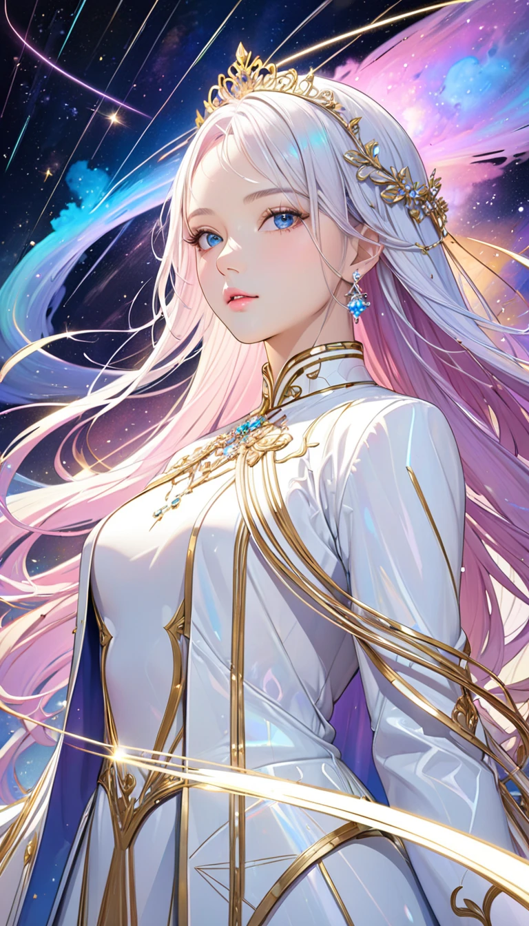 (masterpiece,  top quality, beautifully refined :1.2, 8k,  high image quality), The most beautiful form of a goddess, Open the top slightly,  Beautiful Slender Blue Eyes ,  small pink lips , Brilliant Beautiful Face ,  Anatomically Beautiful Body ,  accurate drawing of hands , small platinum tiara,  earrings, Jewelry,  shiny skin,  high definition , (White coat gold lines:1.2), Milky Way, nebula, Celestial Bodies,  shooting stars, Streaks of light,  bright color,  pastel colors,  backgrounds, 