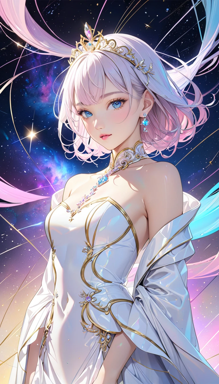 (masterpiece,  top quality, beautifully refined :1.2, 8k,  high image quality), The most beautiful form of a goddess, Open the top slightly,  Beautiful Slender Blue Eyes ,  small pink lips , Brilliant Beautiful Face ,  Anatomically Beautiful Body ,  accurate drawing of hands , small platinum tiara,  earrings, Jewelry,  shiny skin,  high definition , (White coat gold lines:1.2), Milky Way, nebula, Celestial Bodies,  shooting stars, Streaks of light,  bright color,  pastel colors,  backgrounds, 