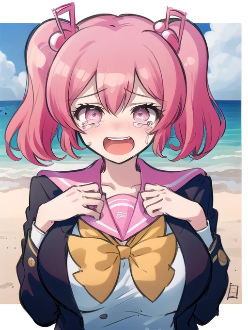 1girl, (yellow ribbon:1), happy, black blazer, school uniform, big breasts, twin tails, pink and red hair, light pink eyes, beach,screaming,crying in despair