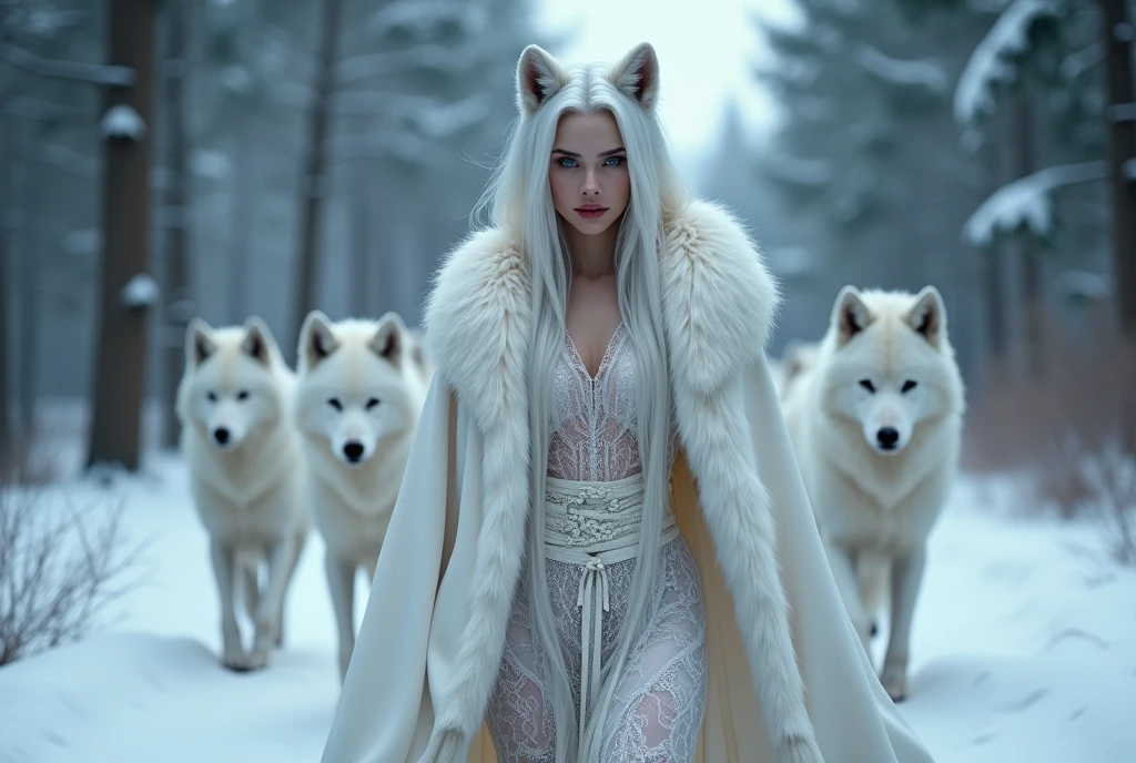  ((Masterpiece, Top Quality, High Resolution, Photorealistic, Extremely detailed CG unified 8k wallpaper)), (huge stunning goddess shot, very hot and sexy, jaw-dropping beauty, perfect proportions, beautiful body, slim body beauty:1.4), Female wolf with pack of werewolves, queen of wolf clan, platinum hair, pearl skin, ice-blue glowing eyes, white wolf ears, (walking with fur coat, white coat, white lace sheer dress, high neck, high heels), in snowy forest, hunting time,