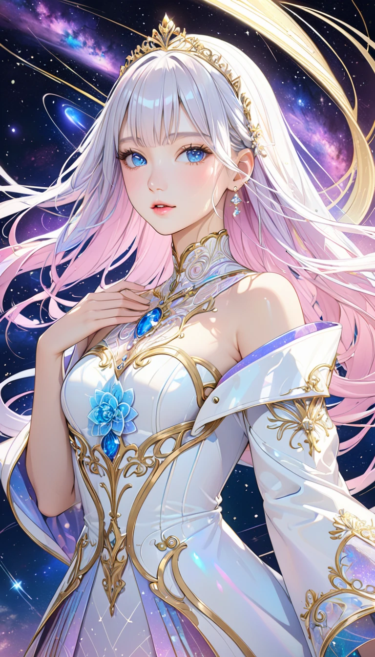 (masterpiece,  top quality, beautifully refined :1.2, 8k,  high image quality), The most beautiful form of a goddess, Open the top slightly,  Beautiful Slender Blue Eyes ,  small pink lips , Brilliant Beautiful Face ,  Anatomically Beautiful Body ,  accurate drawing of hands , small platinum tiara,  earrings, Jewelry,  shiny skin,  high definition , (White coat gold lines:1.2), Milky Way, nebula, Celestial Bodies,  shooting stars, Streaks of light,  bright color,  pastel colors,  Detailed Animated Illustration Art with Backgrounds, 