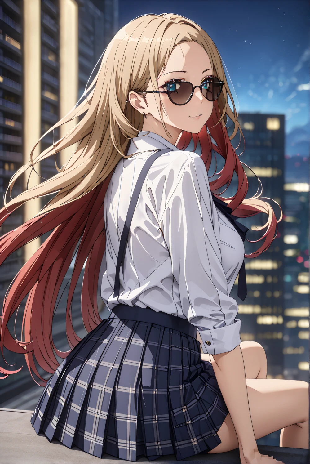 masterpiece, best quality, high quality, detailed, ultra detailed, hyper detailed, exquisite, insanely detailed, beautiful, FHD, Full-HD, 4K, 8k, 16k, highres, absurdres, 1 woman:1.4, ((sunglasses:1.4)), big breast, ((thin khaki hair:1.4, red hair:1.4, gradient hair)), ((two side up hair)), hair ribbon, (drill hair:1.4, short hair), (school uniform), plaid-pattern pleated-skirt, dark blue skirt, aqua Marin eyes, eyes wide open, (forehead), sitting on top of a building, night, glamor body