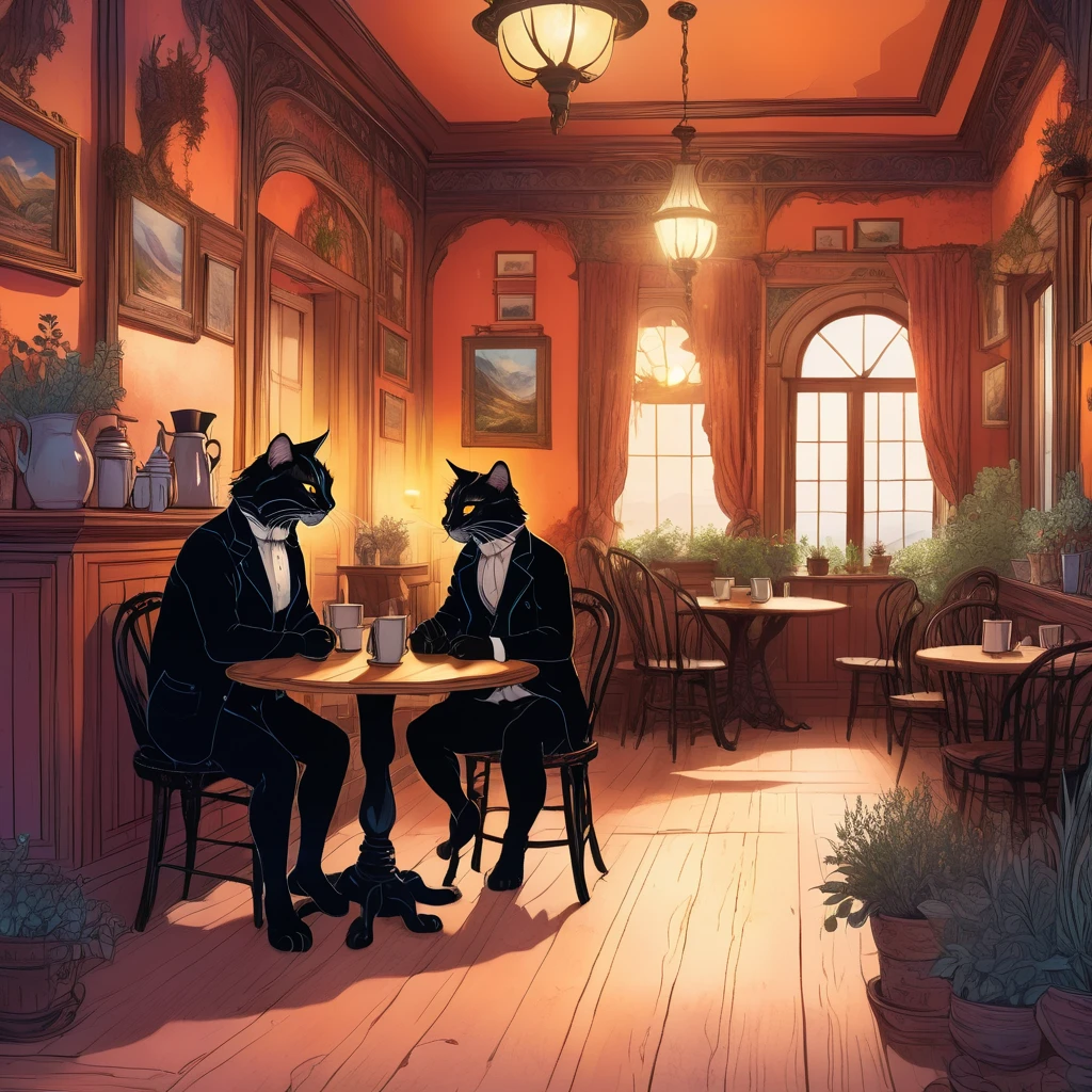 A cafe owned by a giant wildcat deep in the mountains, two young gentlemen stumble in, intricate details, stunning painting, highly detailed, photorealistic, 8K, highest quality, dramatic lighting, somber atmosphere, warm colors, cozy interior, wooden furniture, glowing fireplace, delicate textures, ornate decor, mysterious, whimsical, fantasy