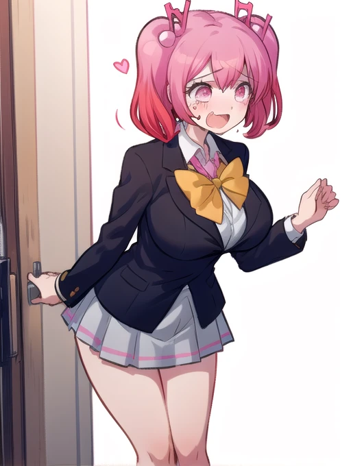 1girl, (yellow ribbon:1), happy, black blazer, school uniform, big breasts, twin tails, pink and red hair, light pink eyes, screaming in despair and crying