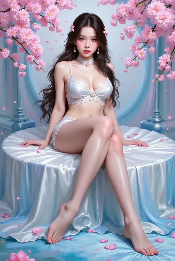 extra long shot,  1 girl，whole body，Grace， water-like eyes in autumn ，  sexy lips ，Breast Augmentation Surgery，  long hair， beautiful legs， round and white toes ， shining purely like jade ， sexy silver underwear ， Lace Decorations ， lies sideways on a platform covered with light blue and white satin，姿态Grace且放松， cross your legs ， feminine and romantic ， Titanium White ， pearl-like powder ，bright silver ，titanium blue ，blue flowers， garcinia yellow ， sky blue， pink，Beautiful  pink collar ，Color， extreme photography of chinese painting ， chen yanning painting style ， background rendering ，Long Lens， characters in the center of the picture ，genre painting ，wide-angle shot，Ultra Wide Angle，超 high definition ，Accurate，Awards，  high definition ，16k，1yhxgnh1  