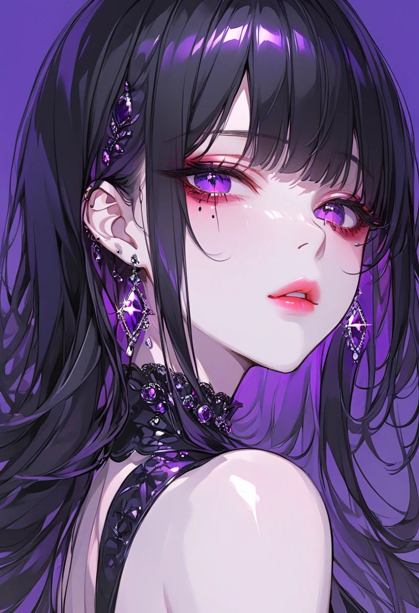 juvenile, long hair on background,Neutral, slender,Beautiful, bangs that cover the left eye, black hair,Hairstyle with steps ,Big butt ,Purple Eyes,Eyes that shine like jewels , under eyes are red, gradation lips ,