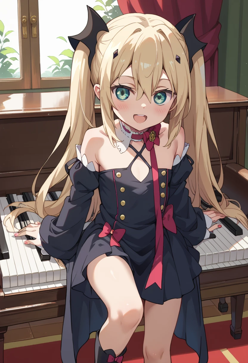 (( top quality)), ((masterpiece)), (be familiar with),  perfect face, indoor, bedroom, looking at the viewer,
One woman, Krull Tepesi ,
 open mouth,  ecstatic expression beside the piano, blush, smile,
 small ,  flat chested, Young girl, Lori,  ,  girl,
 long hair,  twin tails,
Leg spread,