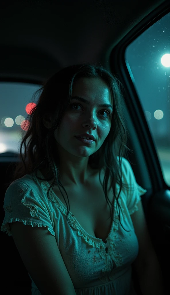 a cinematic bust portrait of a beautiful woman from left head and chest only,A pair of headlights pierce through the thick fog, casting eerie beams of light that illuminate the twisted wreckage of a car crash on a deserted country road.,Island of the Dolls Mexico,Light Painting