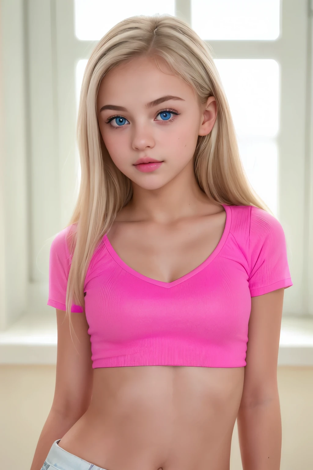 ((8k photo, RAW photo, best quality, ultra res, photorealistic)), (intricate details, masterpiece, hyper-realistic, ultra detailed, 1girl, solo), a photo of a (platinum blonde hair), (light blue eyes), young white girl, ((young girl, girl, tween girl, **li)), in (short sleeves, t-shirt, v-neck, short shorts, midriff), cleavage, large breasts, ((short, youthful body, youthful face, young body, young face, petite)), (closed mouth, thick lips, full lips, cupid's bow lips), full makeup, (pink lips), showing her face, very sexy outfit, jaw-dropping beauty, seductive look at the camera, sexy young girl, beautiful girl, cute face, innocent face, innocent look, seductive pose, (facing viewer), standing