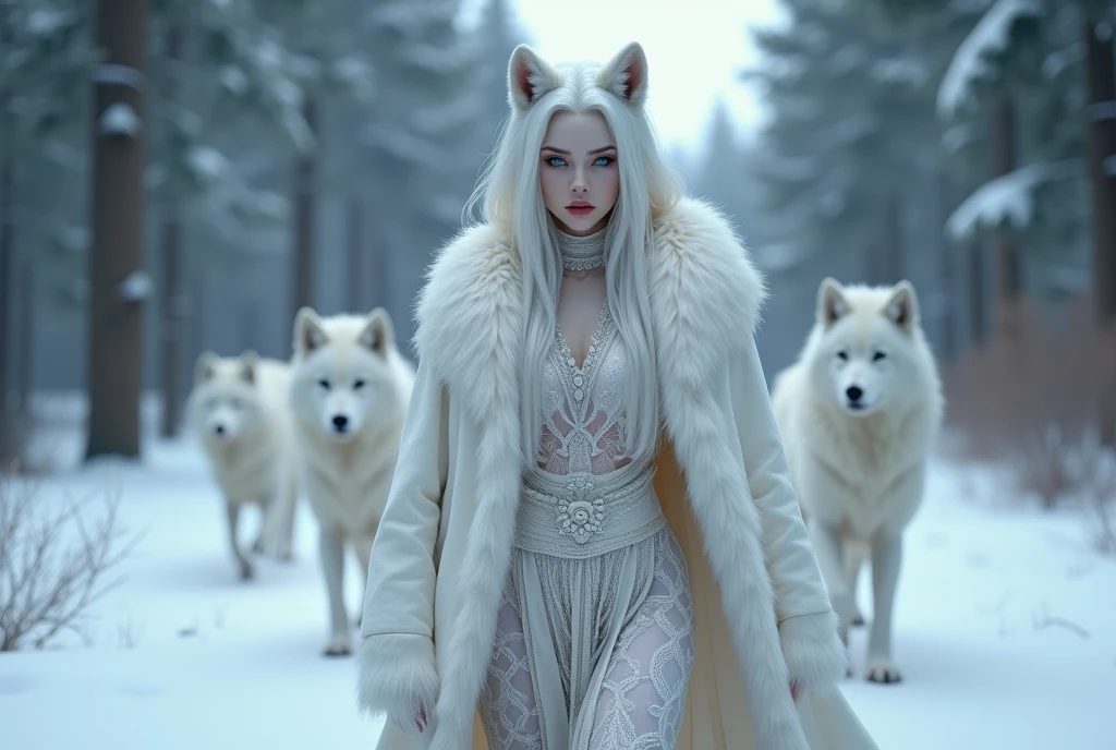  ((Masterpiece, Top Quality, High Resolution, Photorealistic, Extremely detailed CG unified 8k wallpaper)), (huge stunning goddess shot, very hot and sexy, jaw-dropping beauty, perfect proportions, beautiful body, slim body beauty:1.4), Female wolf with pack of werewolves, queen of wolf clan, platinum hair, pearl skin, ice-blue glowing eyes, white wolf ears, (walking with fur coat, white coat, white lace sheer dress, high neck, high heels), in snowy forest, hunting time,