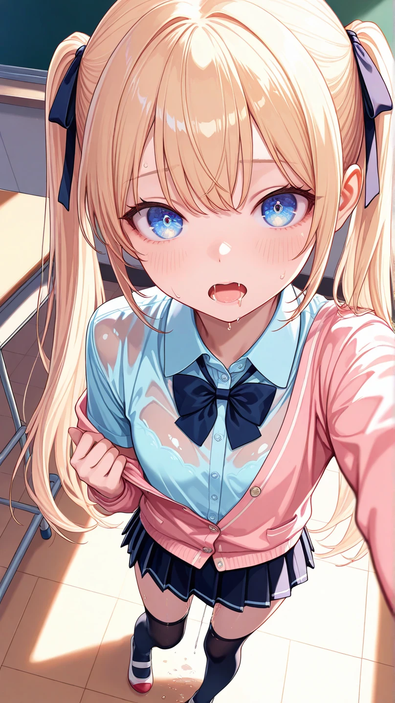 nsfw,（ Masterpiece ,  top quality, 8k, very aesthetic, Realistic detailed CG ,  sharp concentration,  Ultra High Definition, super detailed skin, detailed beautiful face and eyes),  1 woman, (school uniform, Cardigan, cozy and casual with pastel colors, pleated skirt, and knee-high socks, see-through, hair ribbon), ( textured skin ,  beautiful skin,  perfect body, loli body, small, skinny,  realistic skin, flat chest), (blue eye, 輝く瞳, Princess Eye, baby face:1.2), (Beautiful blonde,  detailed hair, very long hair, twintails), (embarrassed, open mouth,  viewers showing their mouths), Captivating thighs, Skin with attention to detail, (School, classroom, At night), (shiny skin:1.3, Shy body:1.3), (full body:1.3), (from above:1.3, Selfie:1.5), (saliva trail:1.3, drooling), (Flowing sweat:1.3,  wet skin:1.3, ぬるぬるにShy body:1.3, pussy juice:1.3)