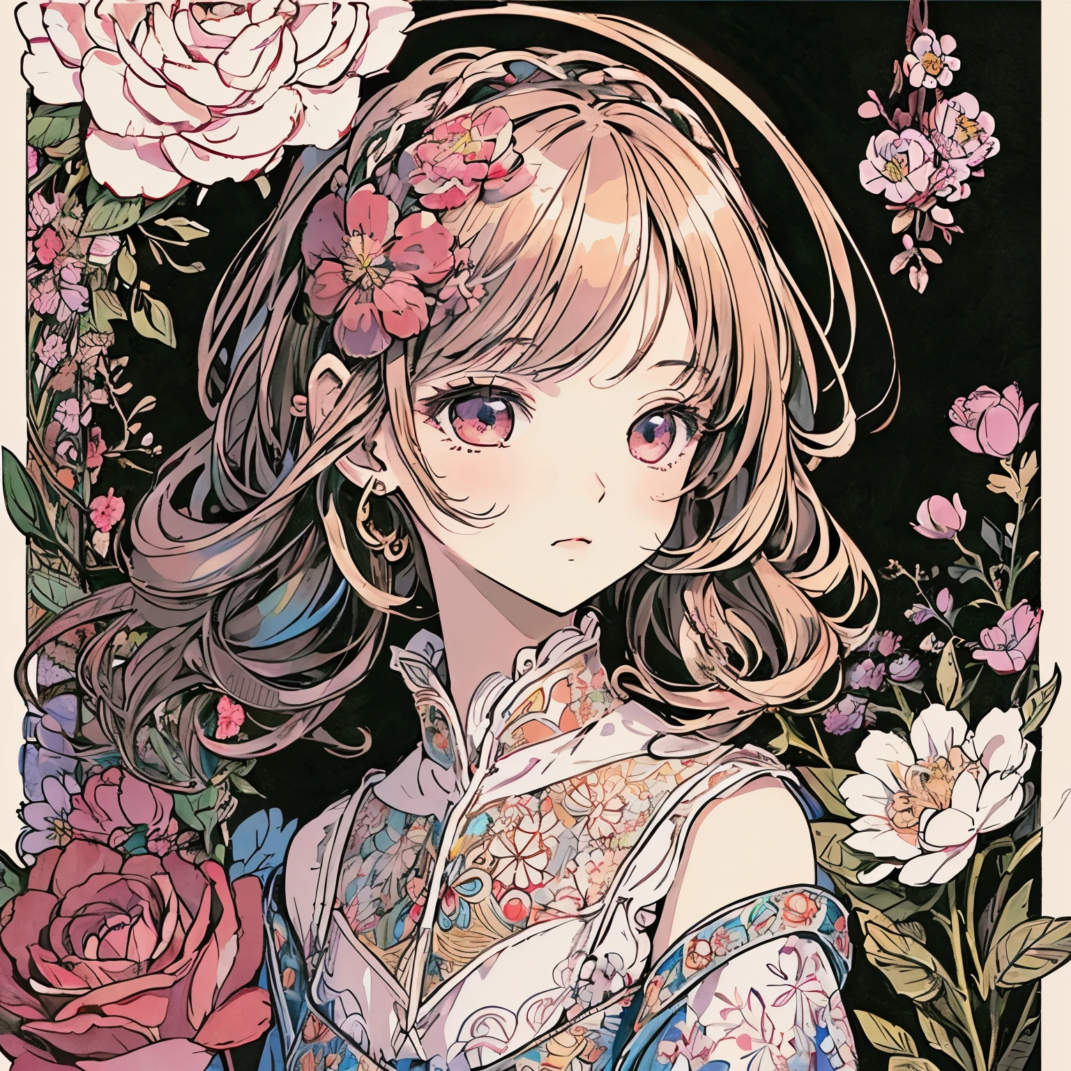 (masterpiece、 top quality、 top quality、 Official Art 、Beautiful aesthetic:1.2)、( one girl :1.3)、 very detailed、( fractal art :1.1)、(color:1.1) (Floral:1.3)、、Pen drawing、 zentangle、(Complex Lines)、(masterpiece)、( top quality:1.1)、( ultra-detailed)、 best illustrations、 Fine Details、 、 high contrast、( Clean lines :1.3)、( Portraits)、( very close up:1.1)、 girly fashion、 antique、あずきcolorと黒、 One girl 、solo、The girl is surrounded by flowers、(Exquisite depiction:1.3)、( Detailed Background :1.2)、( colorful background:1.1)、Sketched、Exquisite depiction、 high definition